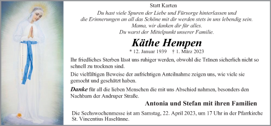 Traueranzeige von Käthe Hempen von Neue Osnabrücker Zeitung GmbH & Co. KG