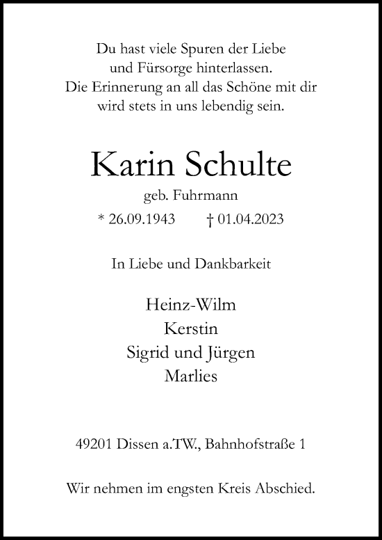 Traueranzeige von Karin Schulte von Neue Osnabrücker Zeitung GmbH & Co. KG