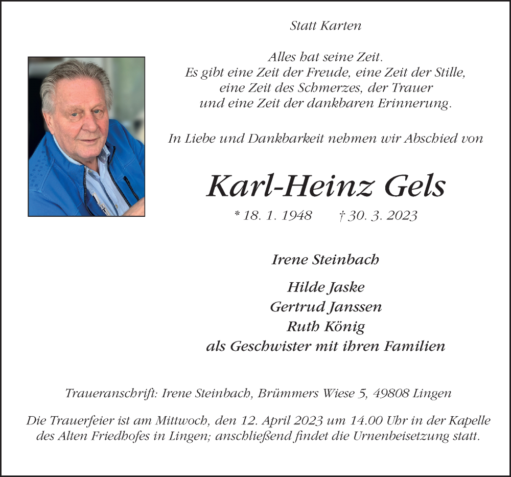  Traueranzeige für Karl-Heinz Gels vom 08.04.2023 aus Neue Osnabrücker Zeitung GmbH & Co. KG