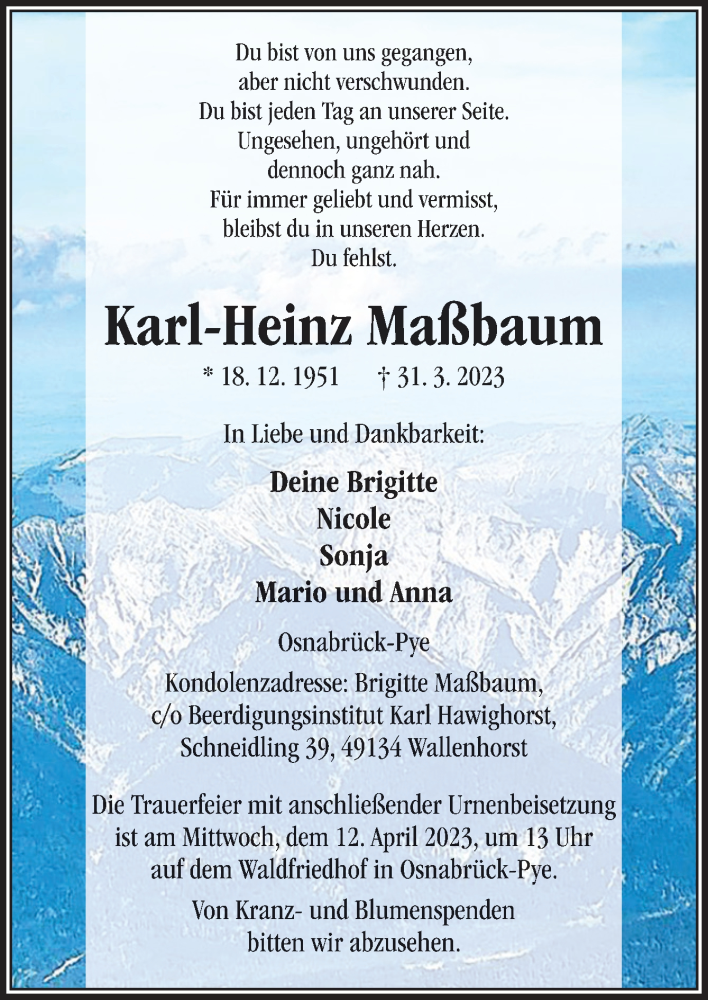  Traueranzeige für Karl-Heinz Maßbaum vom 08.04.2023 aus Neue Osnabrücker Zeitung GmbH & Co. KG