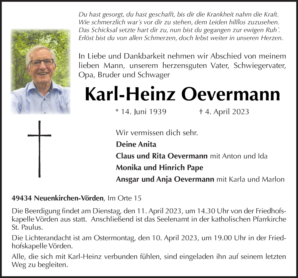  Traueranzeige für Karl-Heinz Oevermann vom 06.04.2023 aus Neue Osnabrücker Zeitung GmbH & Co. KG