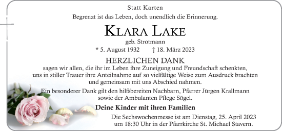 Traueranzeige von Klara Lake von Neue Osnabrücker Zeitung GmbH & Co. KG