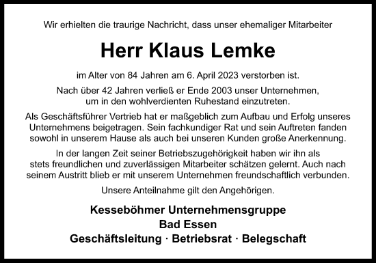 Traueranzeige von Klaus Lemke von Neue Osnabrücker Zeitung GmbH & Co. KG