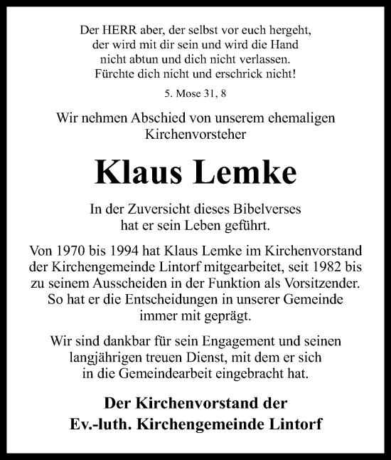 Traueranzeige von Klaus Lemke von Neue Osnabrücker Zeitung GmbH & Co. KG