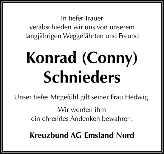 Traueranzeige von Konrad Schnieders von Neue Osnabrücker Zeitung GmbH & Co. KG