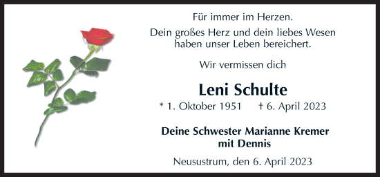 Traueranzeige von Leni Schulte von Neue Osnabrücker Zeitung GmbH & Co. KG
