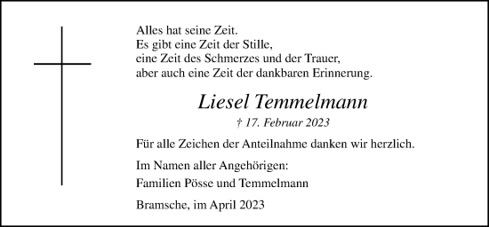 Traueranzeige von Liesel Temmelmann von Neue Osnabrücker Zeitung GmbH & Co. KG