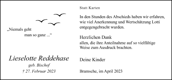 Traueranzeige von Lieselotte Reddehase von Neue Osnabrücker Zeitung GmbH & Co. KG