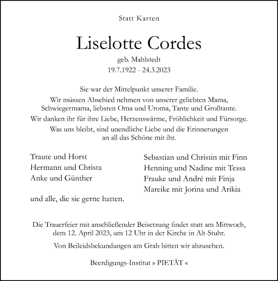 Traueranzeige von Liselotte Cordes von DK Medien GmbH & Co. KG