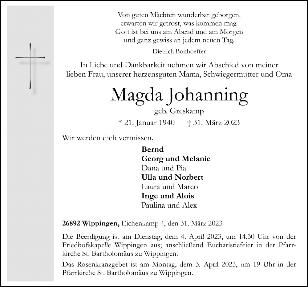  Traueranzeige für Magda Johanning vom 03.04.2023 aus Neue Osnabrücker Zeitung GmbH & Co. KG