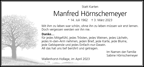 Traueranzeige von Manfred Hörnschemeyer von Neue Osnabrücker Zeitung GmbH & Co. KG