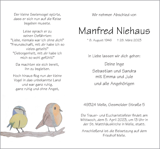 Traueranzeige von Manfred Niehaus von Neue Osnabrücker Zeitung GmbH & Co. KG