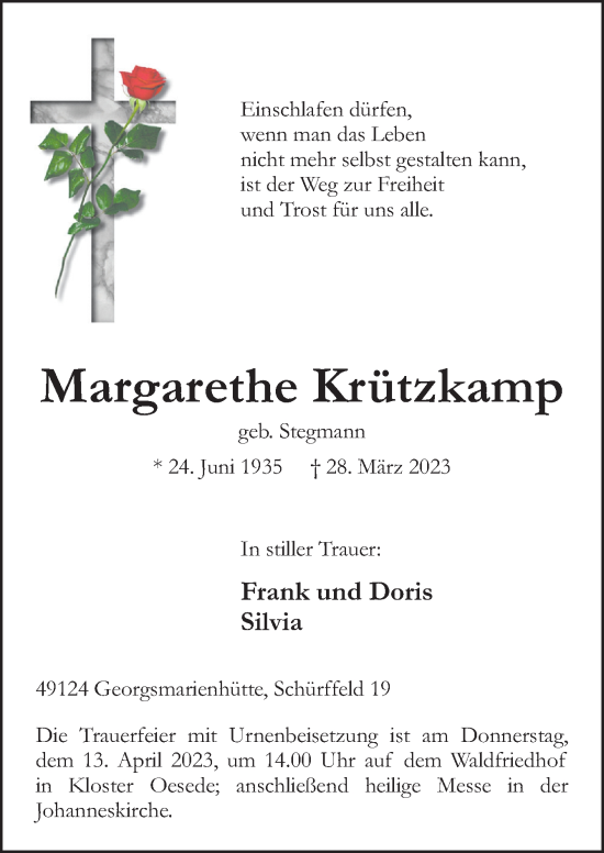 Traueranzeige von Margarethe Krützkamp von Neue Osnabrücker Zeitung GmbH & Co. KG