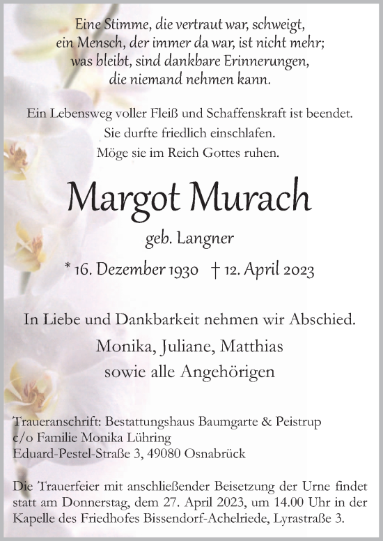 Traueranzeige von Margot Murach von Neue Osnabrücker Zeitung GmbH & Co. KG