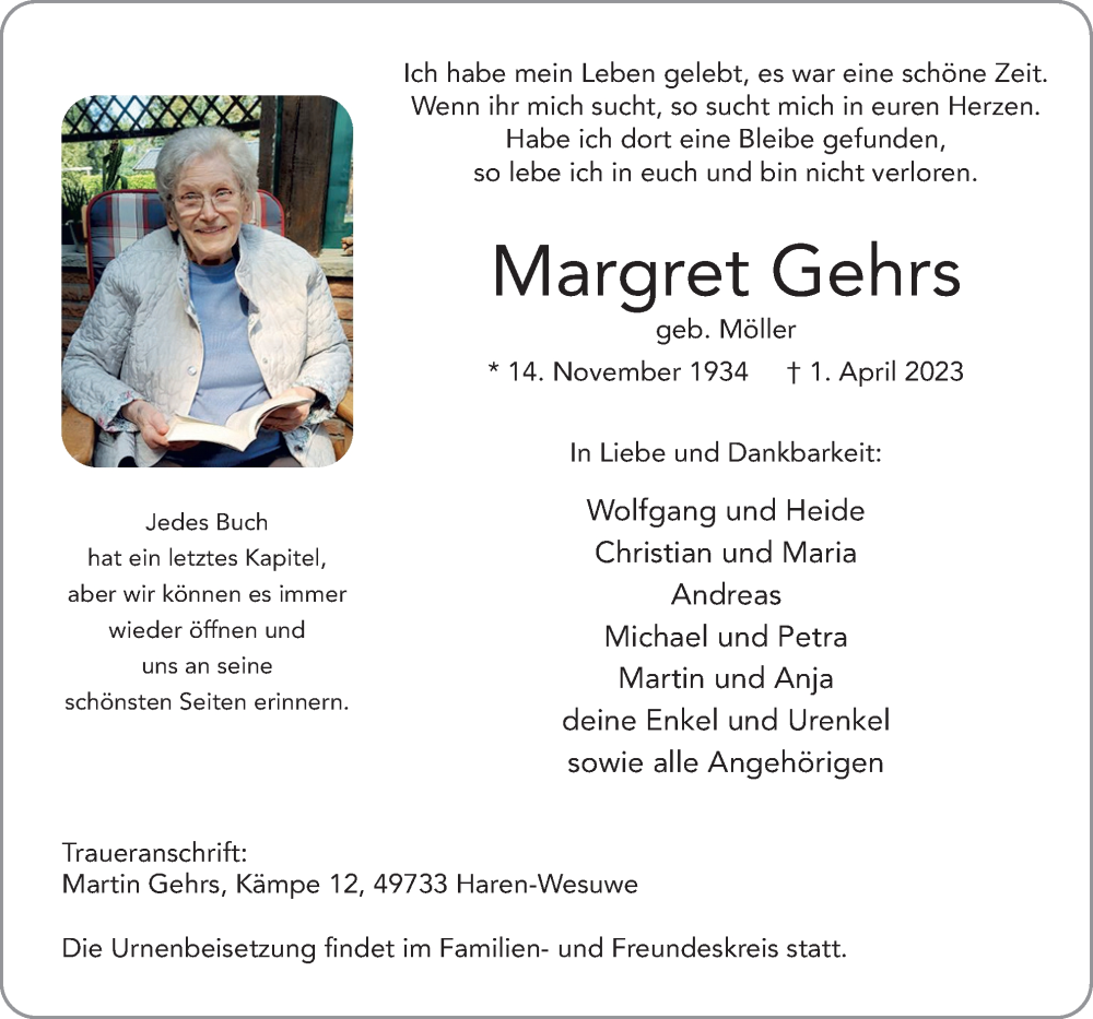  Traueranzeige für Margret Gehrs vom 04.04.2023 aus Neue Osnabrücker Zeitung GmbH & Co. KG