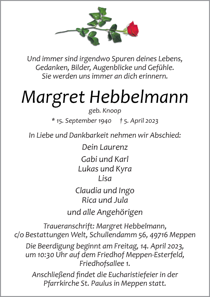  Traueranzeige für Margret Hebbelmann vom 08.04.2023 aus Neue Osnabrücker Zeitung GmbH & Co. KG