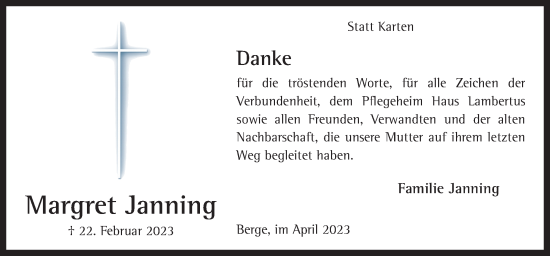 Traueranzeige von Margret Janning von Neue Osnabrücker Zeitung GmbH & Co. KG