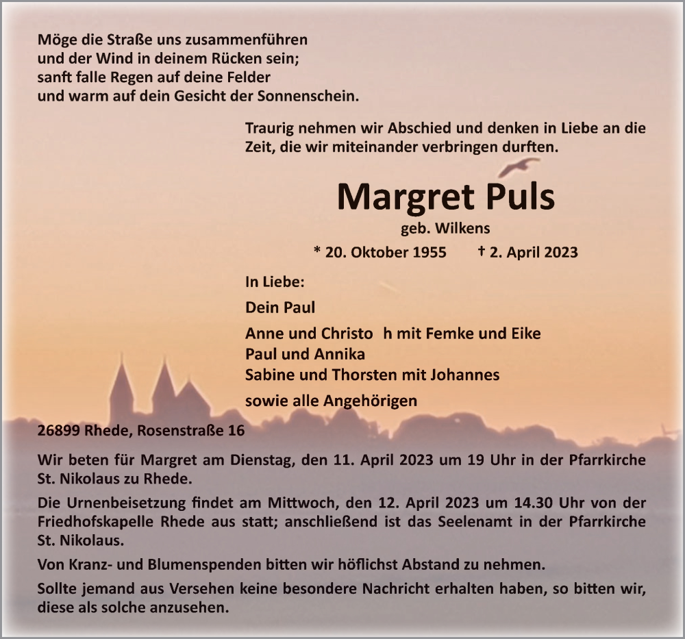  Traueranzeige für Margret Puls vom 06.04.2023 aus Neue Osnabrücker Zeitung GmbH & Co. KG