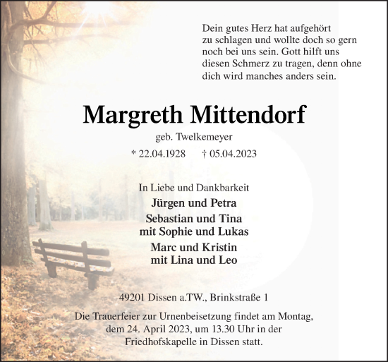 Traueranzeige von Margreth Mittendorf von Neue Osnabrücker Zeitung GmbH & Co. KG