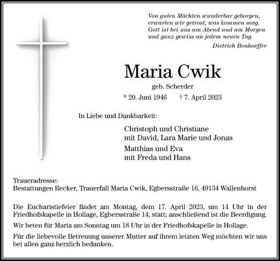 Traueranzeige von Maria Cwik von Neue Osnabrücker Zeitung GmbH & Co. KG