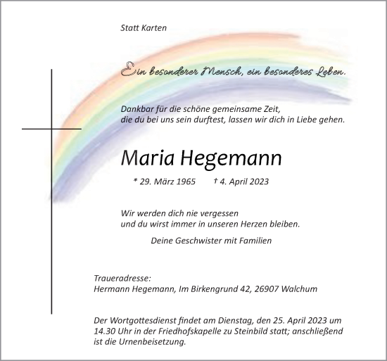 Traueranzeige von Maria Hegemann von Neue Osnabrücker Zeitung GmbH & Co. KG