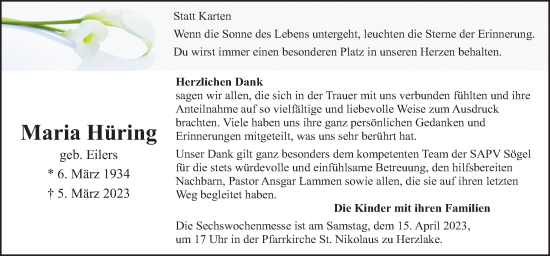 Traueranzeige von Maria Hüring von Neue Osnabrücker Zeitung GmbH & Co. KG