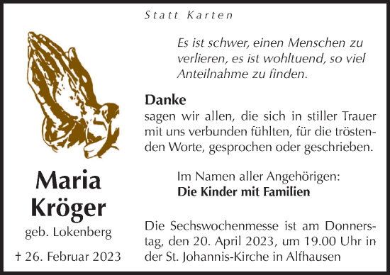 Traueranzeige von Maria Kröger von Neue Osnabrücker Zeitung GmbH & Co. KG