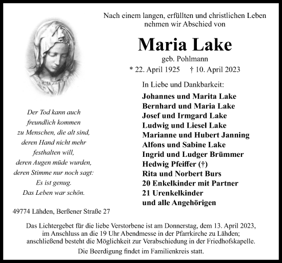 Traueranzeige von Maria Lake von Neue Osnabrücker Zeitung GmbH & Co. KG