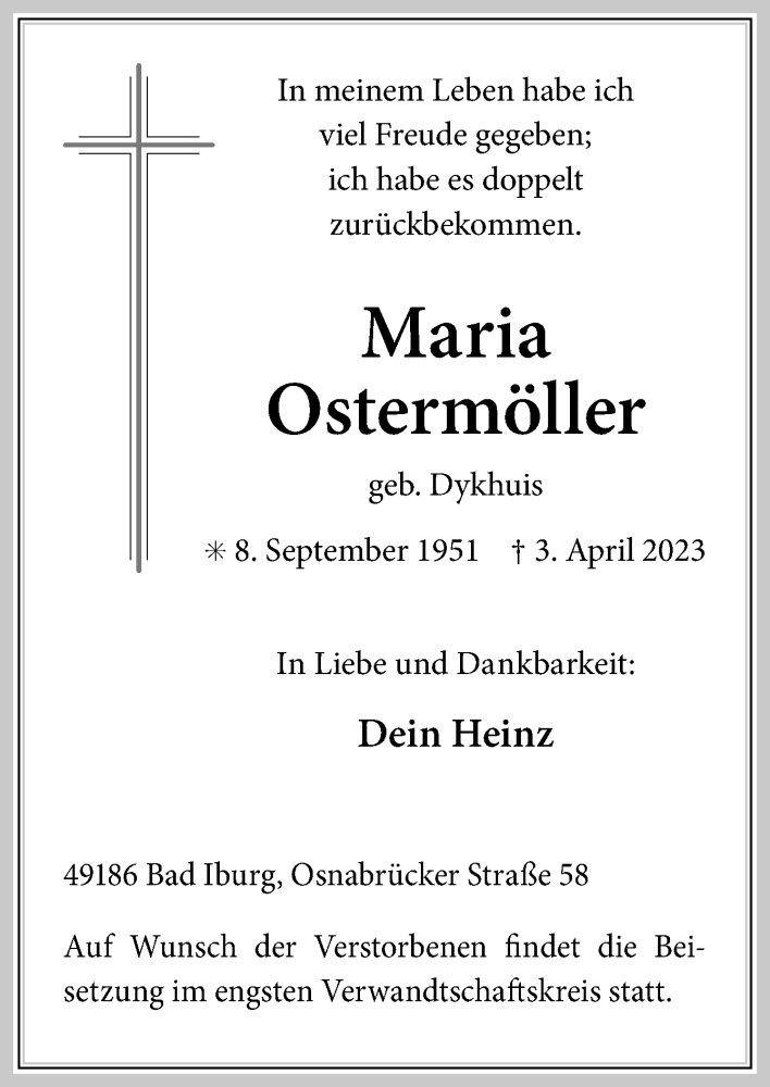  Traueranzeige für Maria Ostermöller vom 08.04.2023 aus Neue Osnabrücker Zeitung GmbH & Co. KG
