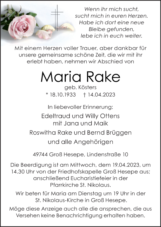 Traueranzeige von Maria Rake von Neue Osnabrücker Zeitung GmbH & Co. KG