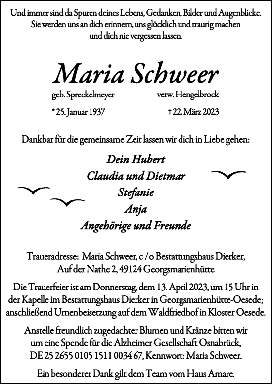 Traueranzeige von Maria Schweer von Neue Osnabrücker Zeitung GmbH & Co. KG