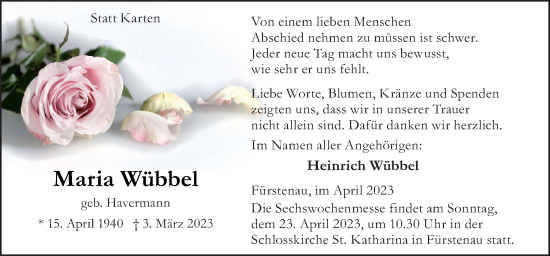 Traueranzeige von Maria Wübbel von Neue Osnabrücker Zeitung GmbH & Co. KG