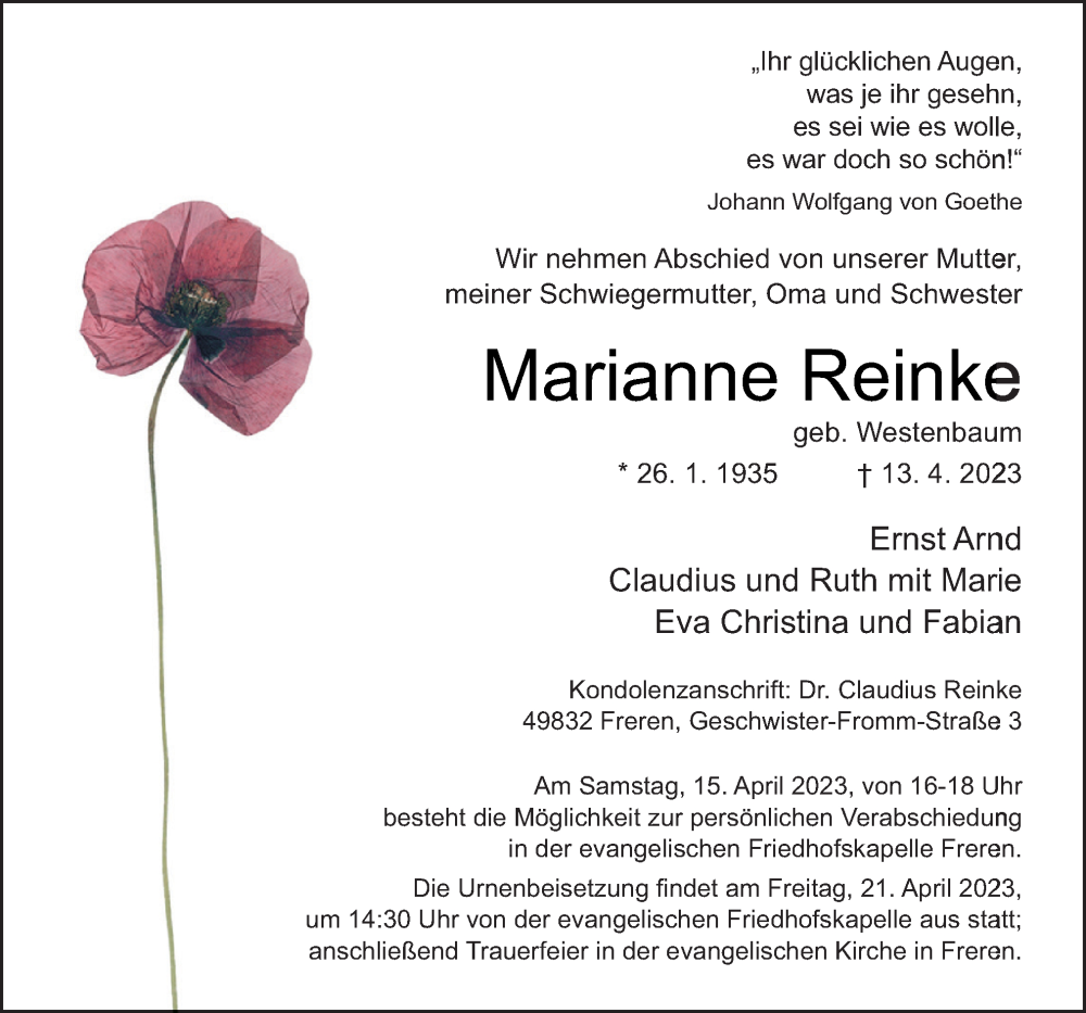  Traueranzeige für Marianne Reinke vom 15.04.2023 aus Neue Osnabrücker Zeitung GmbH & Co. KG