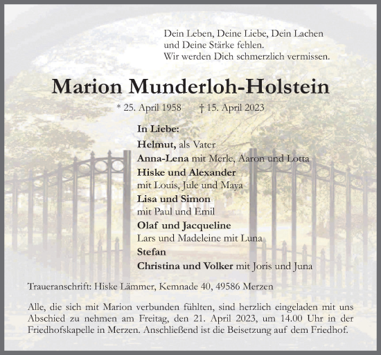 Traueranzeige von Marion Munderloh-Holstein von Neue Osnabrücker Zeitung GmbH & Co. KG