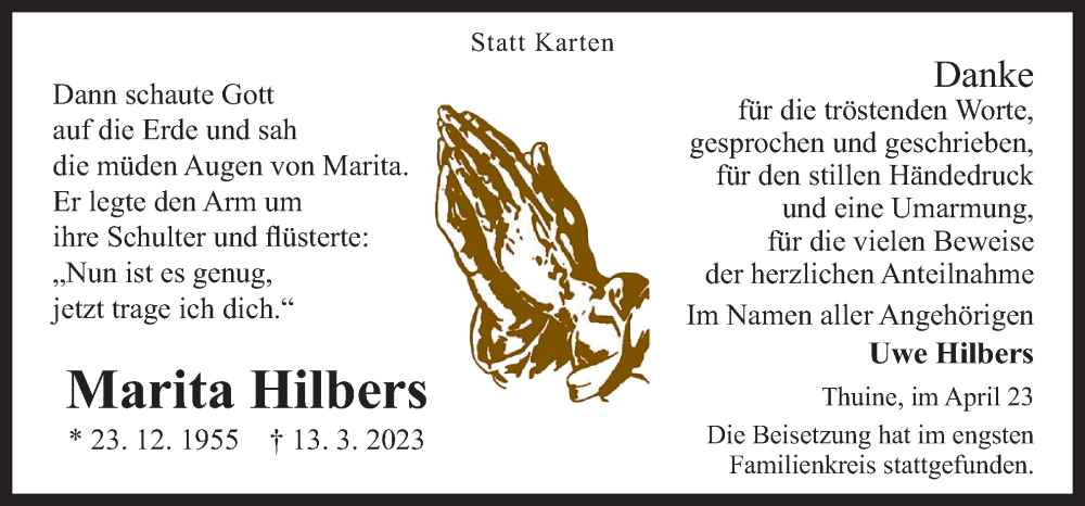  Traueranzeige für Marita Hilbers vom 08.04.2023 aus Neue Osnabrücker Zeitung GmbH & Co. KG