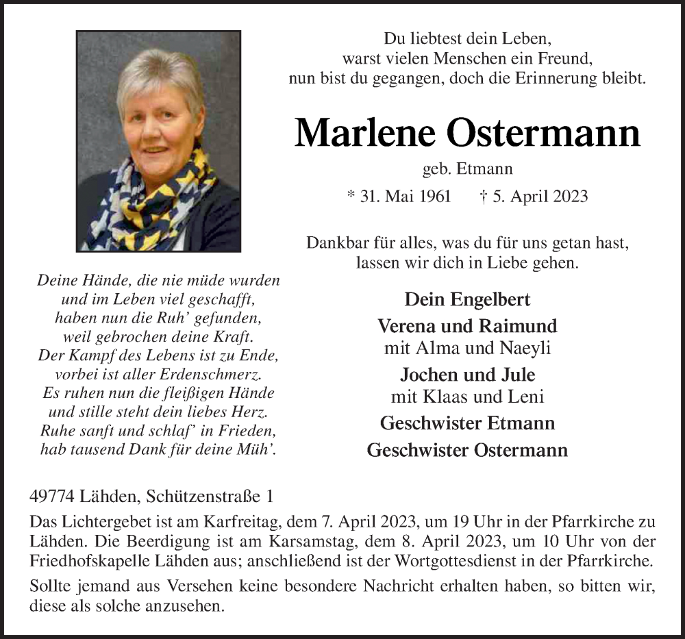  Traueranzeige für Marlene Ostermann vom 06.04.2023 aus Neue Osnabrücker Zeitung GmbH & Co. KG