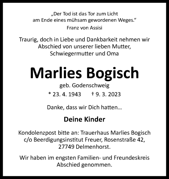 Traueranzeige von Marlies Bogisch von DK Medien GmbH & Co. KG