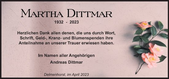 Traueranzeige von Martha Dittmar von DK Medien GmbH & Co. KG
