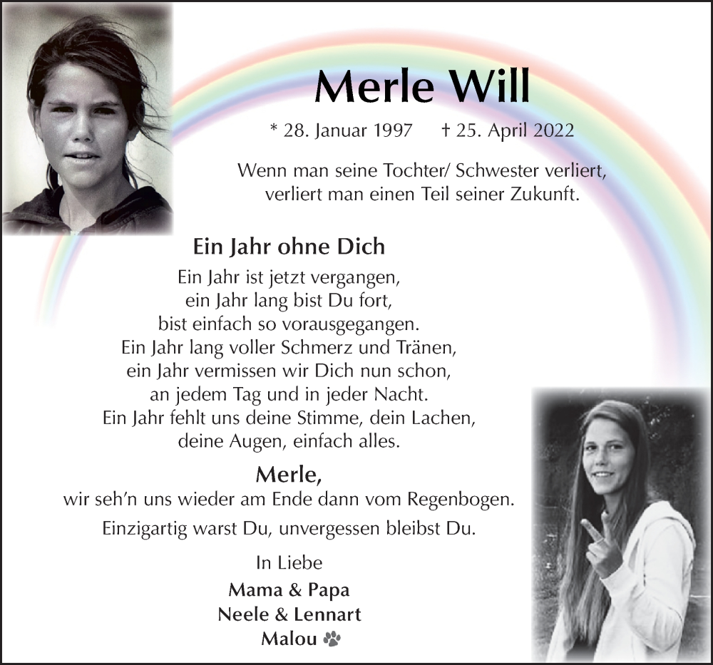  Traueranzeige für Merle Will vom 29.04.2023 aus DK Medien GmbH & Co. KG
