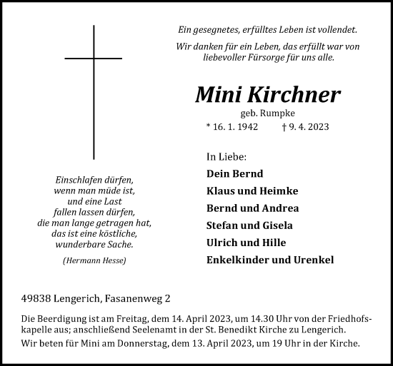 Traueranzeige von Mini Kirchner von Neue Osnabrücker Zeitung GmbH & Co. KG