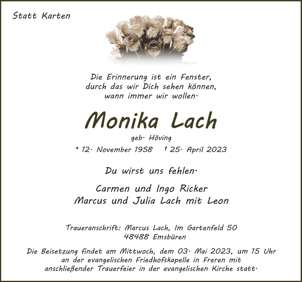  Traueranzeige für Monika Lach vom 29.04.2023 aus Neue Osnabrücker Zeitung GmbH & Co. KG