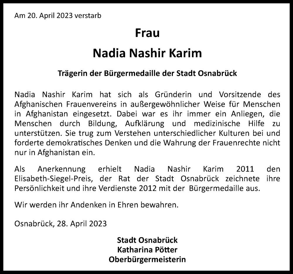  Traueranzeige für Nadia Nashir Karim vom 29.04.2023 aus Neue Osnabrücker Zeitung GmbH & Co. KG
