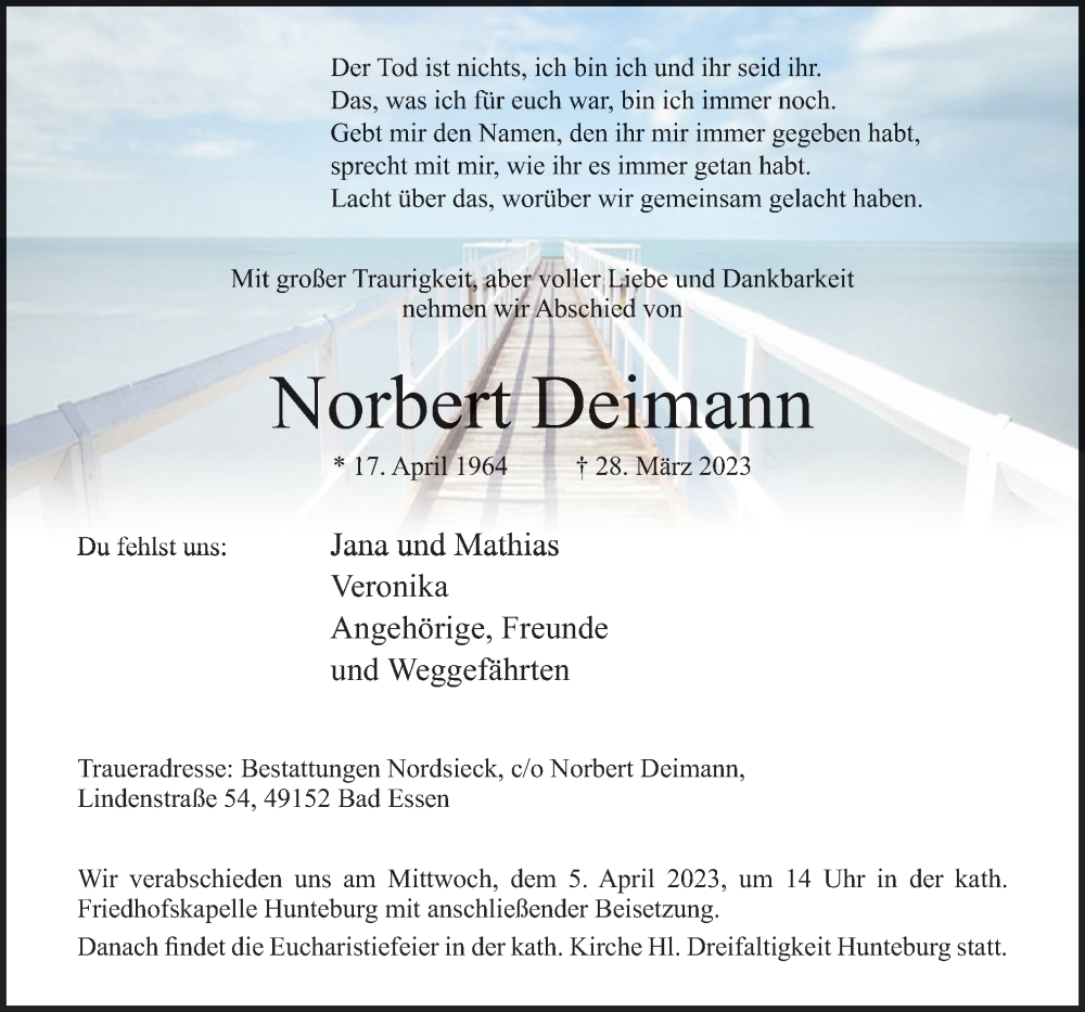  Traueranzeige für Norbert Deimann vom 01.04.2023 aus Neue Osnabrücker Zeitung GmbH & Co. KG
