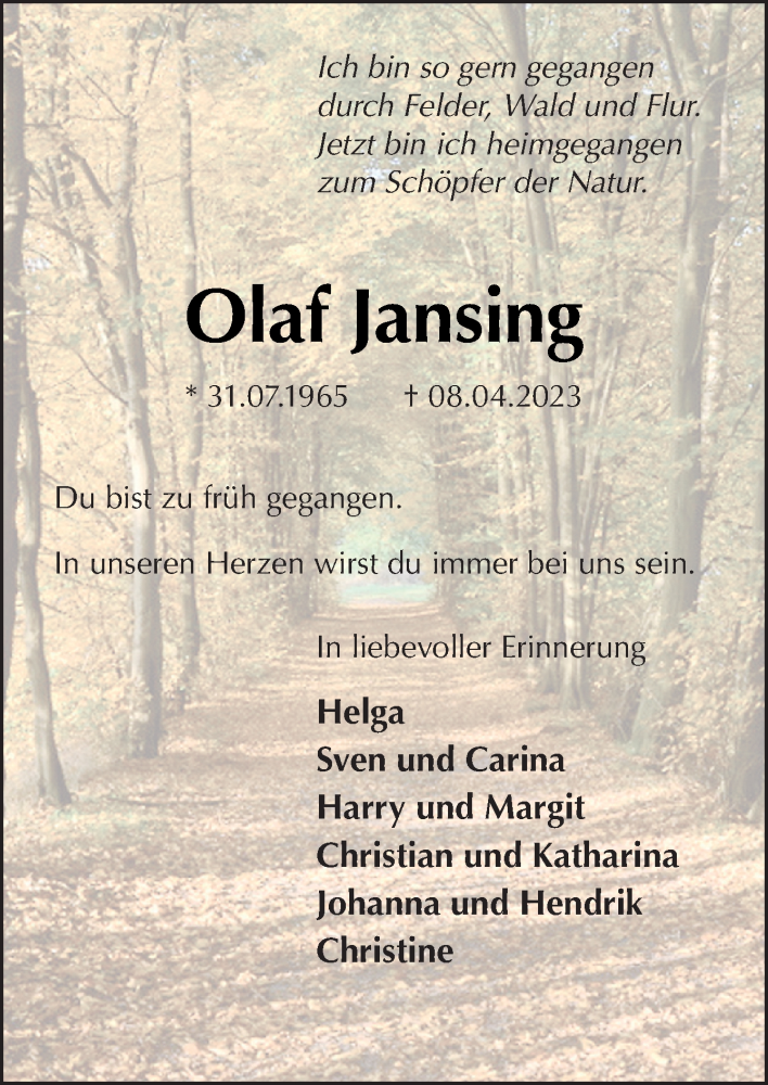 Traueranzeigen Von Olaf Jansing Noz Trauerportal