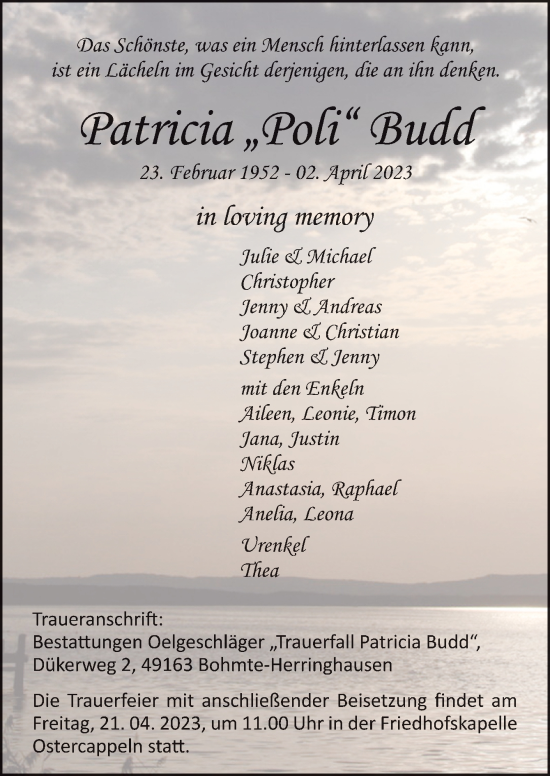 Traueranzeige von Patricia Budd von Neue Osnabrücker Zeitung GmbH & Co. KG