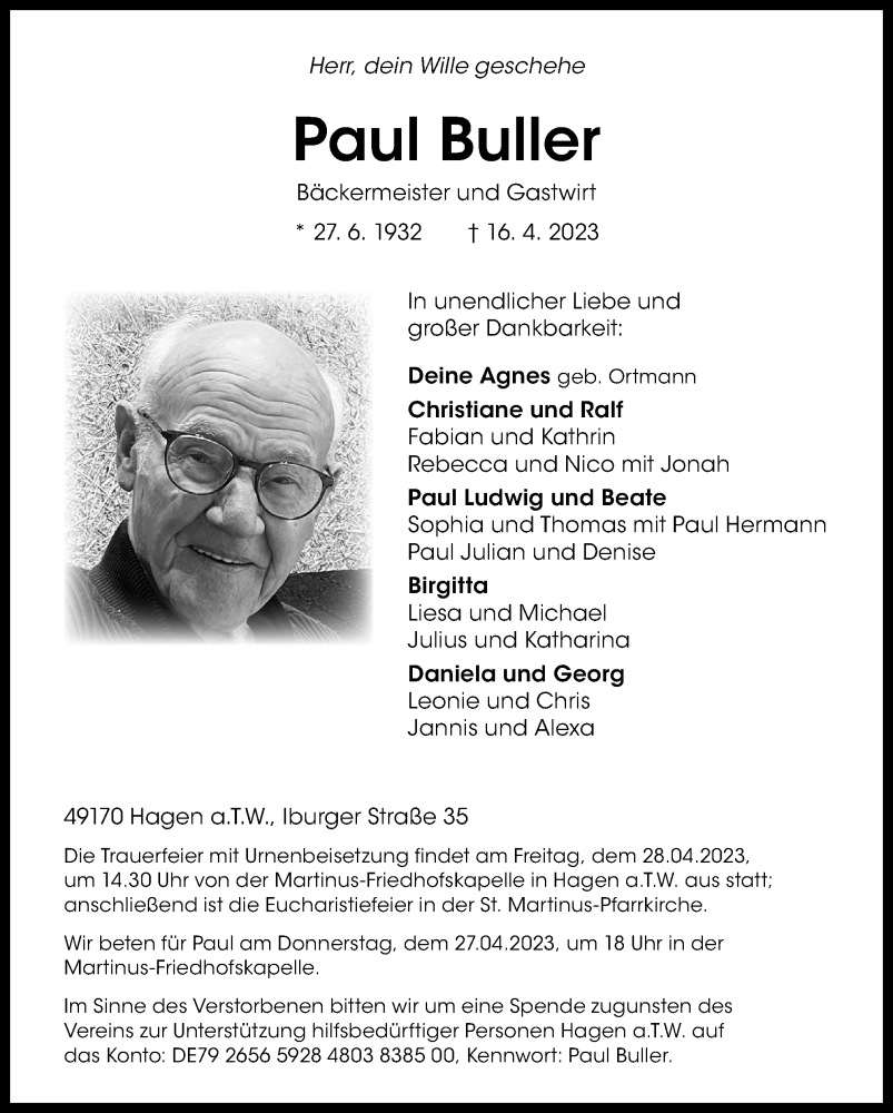 Traueranzeigen von Paul Buller | noz Trauerportal