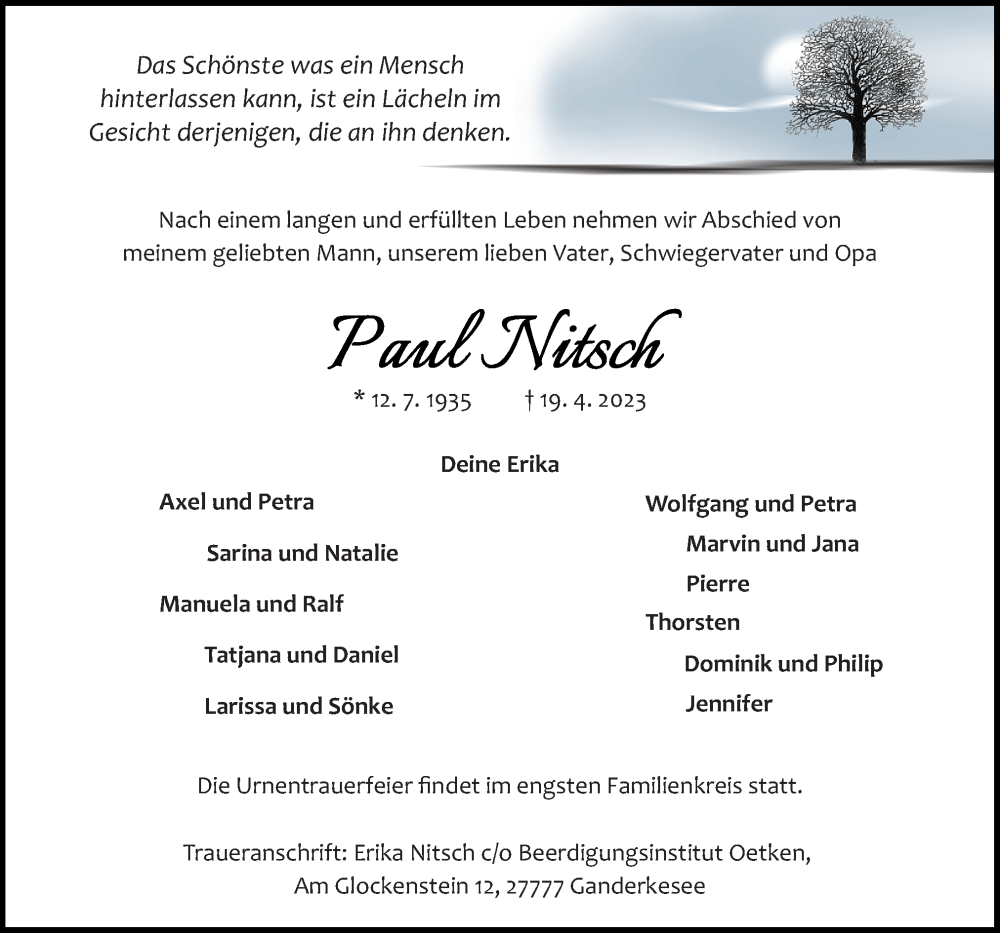  Traueranzeige für Paul Nitsch vom 22.04.2023 aus DK Medien GmbH & Co. KG