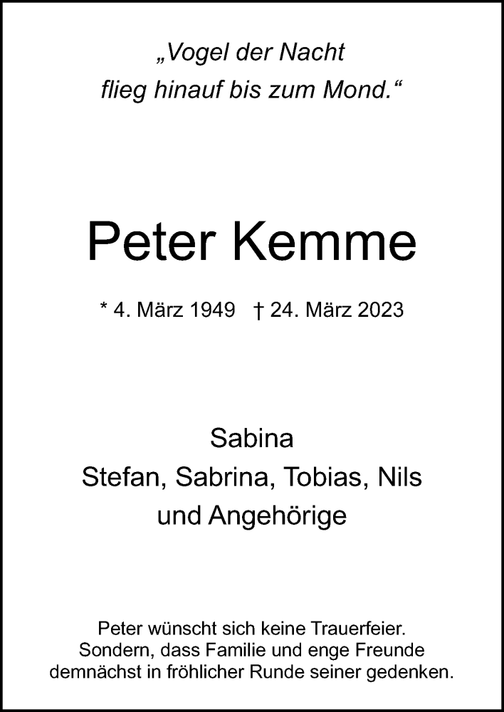  Traueranzeige für Peter Kemme vom 01.04.2023 aus Neue Osnabrücker Zeitung GmbH & Co. KG