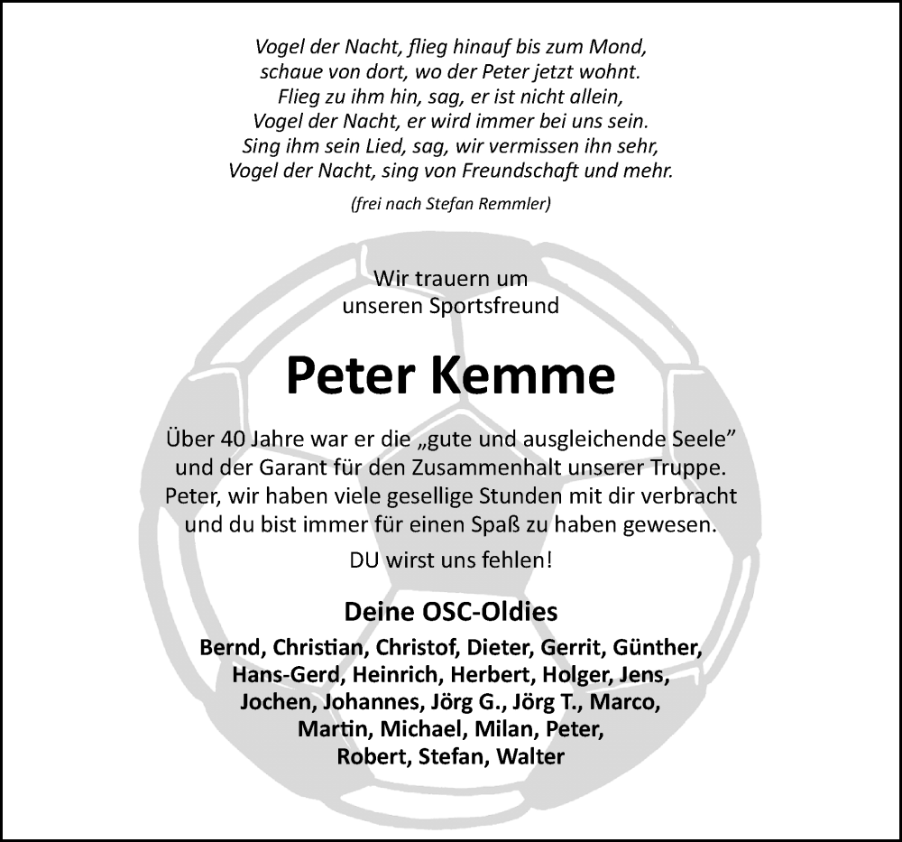  Traueranzeige für Peter Kemme vom 01.04.2023 aus Neue Osnabrücker Zeitung GmbH & Co. KG