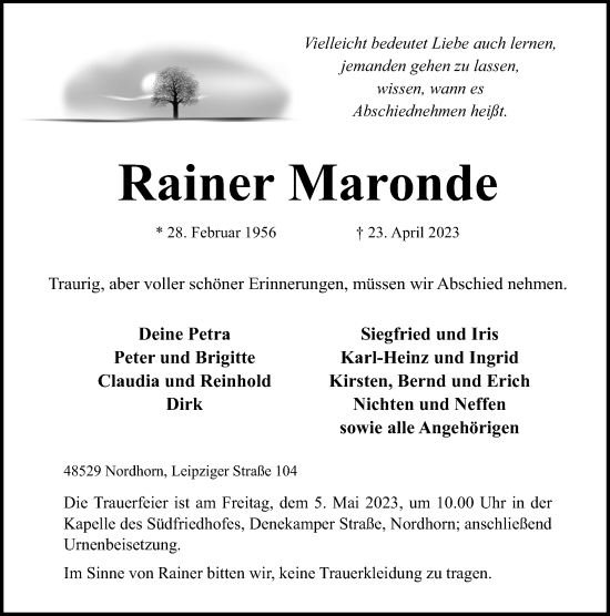 Traueranzeige von Rainer Maronde von Neue Osnabrücker Zeitung GmbH & Co. KG